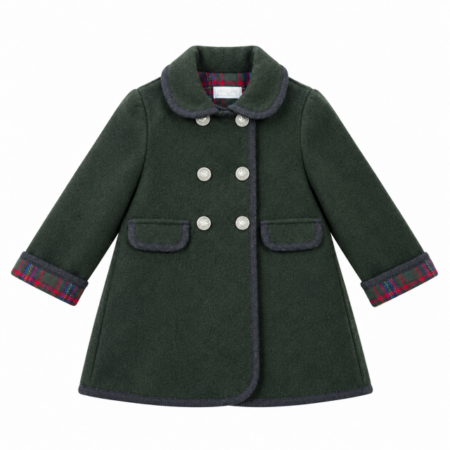 Vista frontal de la chaqueta austriaca gris en mezcla de lana para niños de 2 a 10 años, con botones metálicos y ribetes oscuros.