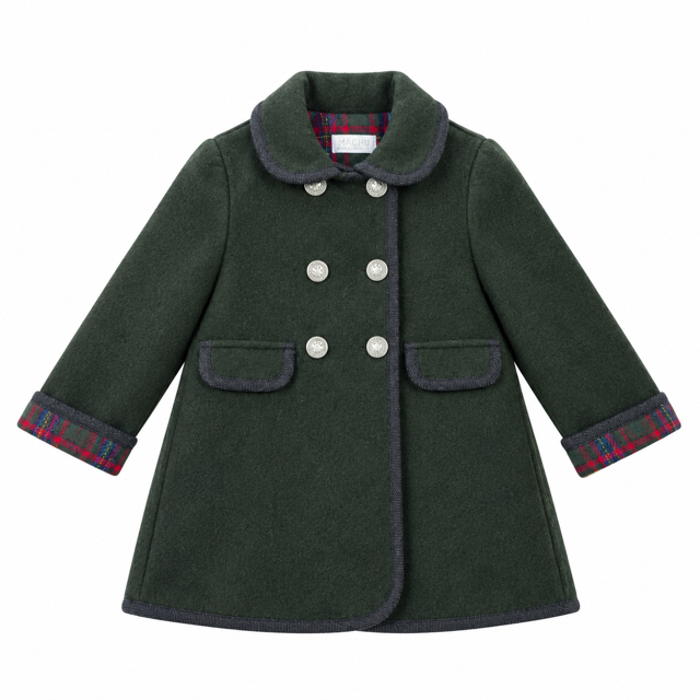 Vista frontal de la chaqueta austriaca gris en mezcla de lana para niños de 2 a 10 años, con botones metálicos y ribetes oscuros.