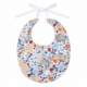 Vista frontal del babero Ópera confeccionado en 100% algodón con estampado floral y lazada blanca de ajuste, elaborado en España.