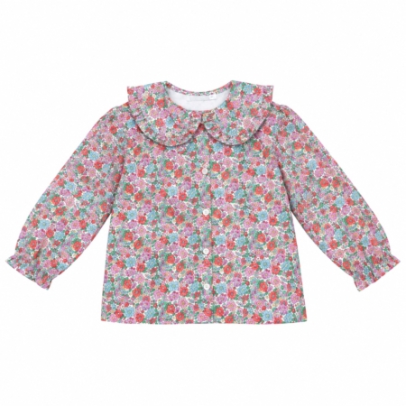 Blusa de niña en villela 100% algodón con estampado floral liberty Colección Londres, producto elaborado en España con cuello volante y botonadura frontal.