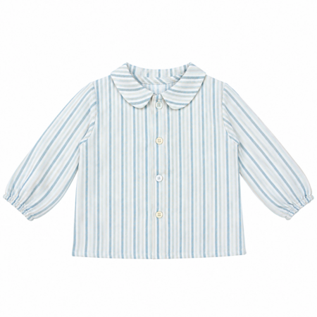 Vista frontal de la blusa de bebé Felipe a rayas con cuello bebé clásico, elaborada en España.