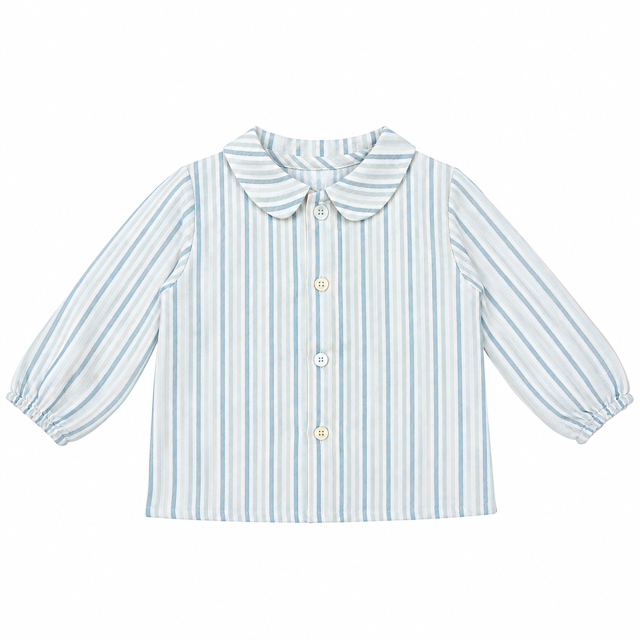 Vista frontal de la blusa de bebé Felipe a rayas con cuello bebé clásico, elaborada en España.