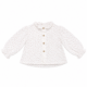 Vista frontal de la blusa nube rosa confeccionada en algodón orgánico de bambula para niñas de 1 a 3 años, con cuello de volantes y estampado delicado.