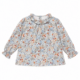 Vista frontal completa de la blusa Ópera de 100% algodón con estampado floral y cuello de volantes fruncidos, elaborada en España.