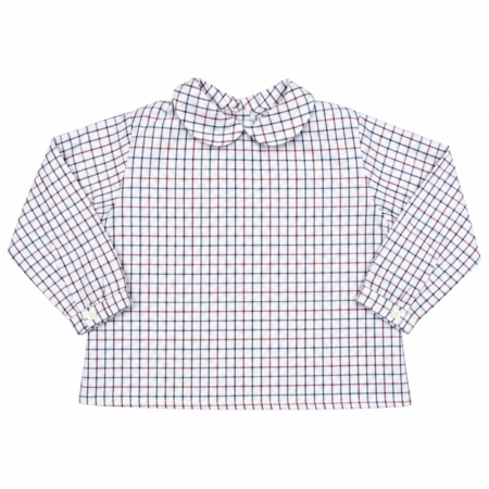 Camisa de bebé de manga larga con estampado de cuadros Windsor en tonos azul, granate y gris 100% algodón para 1 a 2 años, producto elaborado en España.