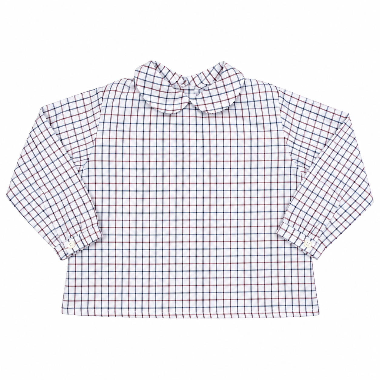 Camisa de bebé de manga larga con estampado de cuadros Windsor en tonos azul, granate y gris 100% algodón para 1 a 2 años, producto elaborado en España.