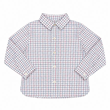 Vista frontal de la camisa de niño a cuadros azul y granate en 100% algodón Colección Windsor elaborada en España.
