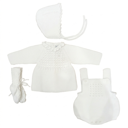 Conjunto de punto 4 piezas en color blanco 100% acrílico para bebé de 0 a 6 meses Colección Italia, producto elaborado en España con chaqueta, ranita, capota y patucos.