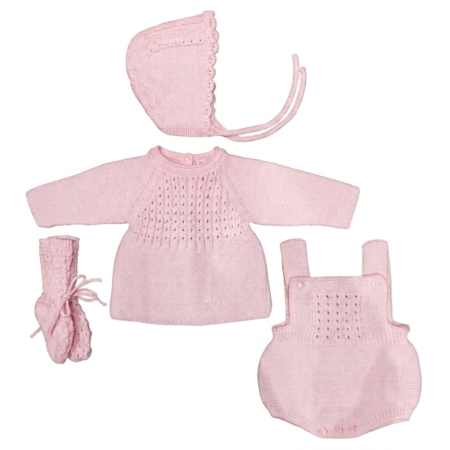 Conjunto de punto 4 piezas en color rosa bebé 100% acrílico para bebé de 0 a 6 meses Colección Italia, producto elaborado en España con chaqueta, ranita, capota y patucos.