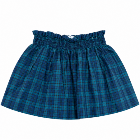 Vista frontal de la falda infantil con estampado de escoceses cuadros y cinturilla elástica fruncida niñas para 3 a 6 años producto, elaborado en España.