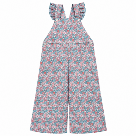 Mono de niña en villela 100% algodón con estampado floral rosa de la Colección Verona, elaborado en España con volantes en los tirantes.