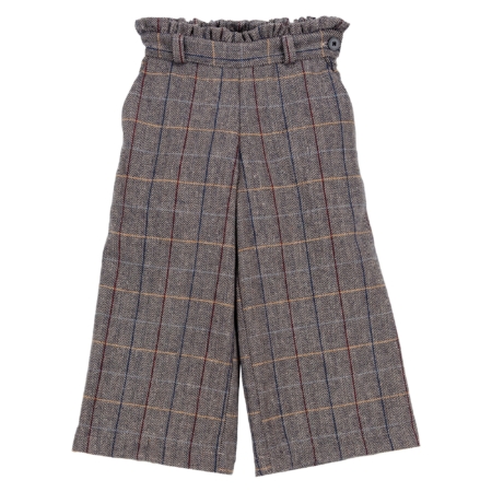 Vista frontal del pantalón para niña Versalles con estampado de cuadros, trabillas y cintura alta fruncida para niñas de 4 a 10 años, producto elaborado en España.