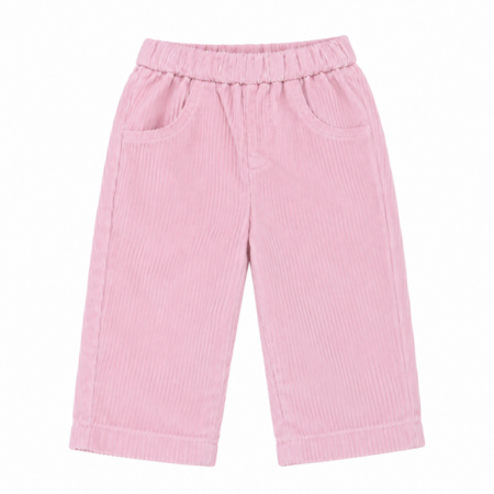 Vista frontal del pantalón de pana rosa para bebé con cintura elástica cómoda, ideal para la guardería y elaborado en España.