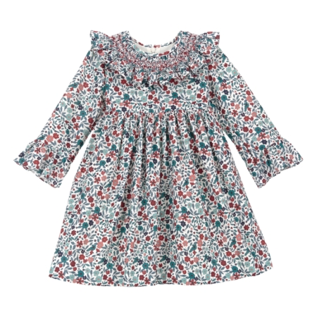 Vista frontal del vestido infantil Nueva York con estampado floral multicolor, cuello de volantes fruncidos y nido de abeja en el pecho para niñas de 3 a 5 años, producto elaborado en España.