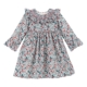 Vista frontal del vestido infantil Nueva York con estampado floral multicolor, cuello de volantes fruncidos y nido de abeja en el pecho para niñas de 3 a 5 años, producto elaborado en España.