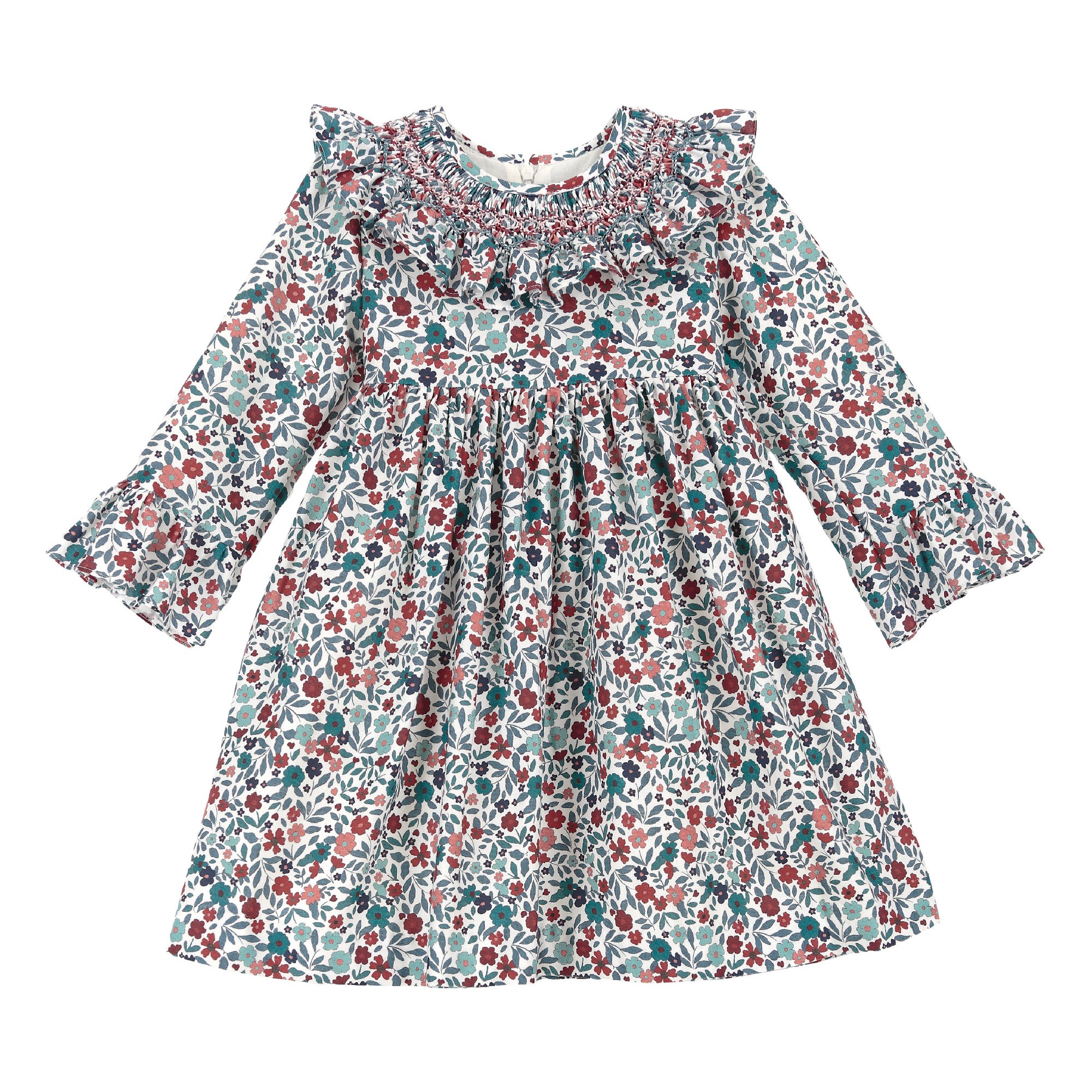 Vista frontal del vestido infantil Nueva York con estampado floral multicolor, cuello de volantes fruncidos y nido de abeja en el pecho para niñas de 3 a 5 años, producto elaborado en España.