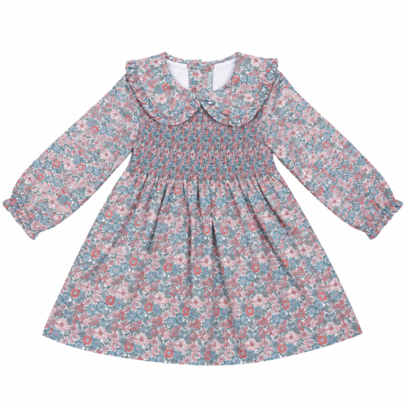 Vestido de villela para niña fabricado en España con estampado floral rosa Colección Verona, pechera engomada y cuello volante.