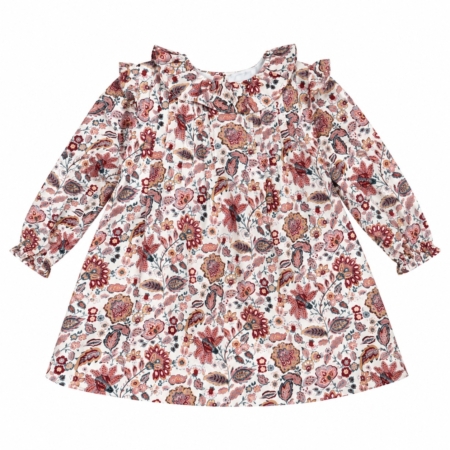 Vestido infantil de manga larga con estampado floral en tonos caldera, azul y teja, cuello con volantes y corte fruncido para niña de 3 a 8 años, producto elaborado en España.